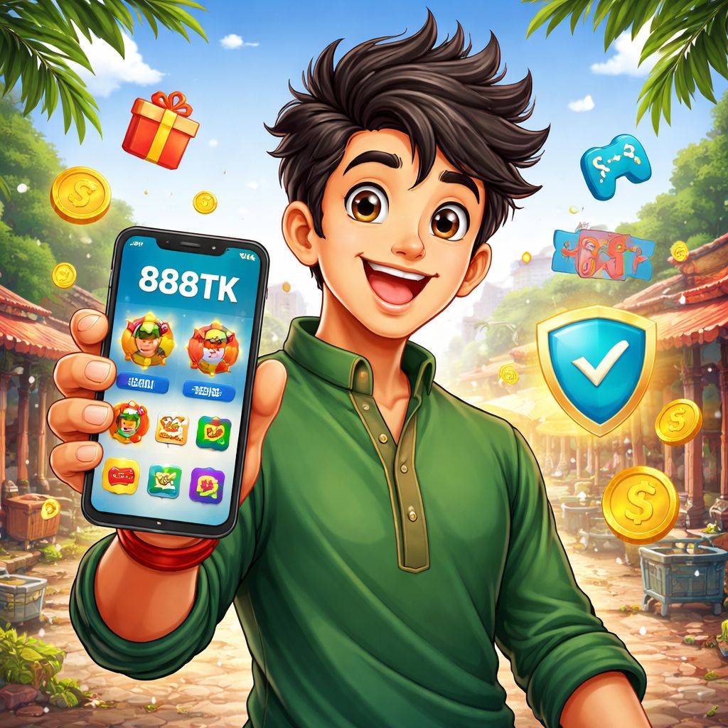 Cartoon mobile gamer holding a phone with 888TK App icons and reward coins