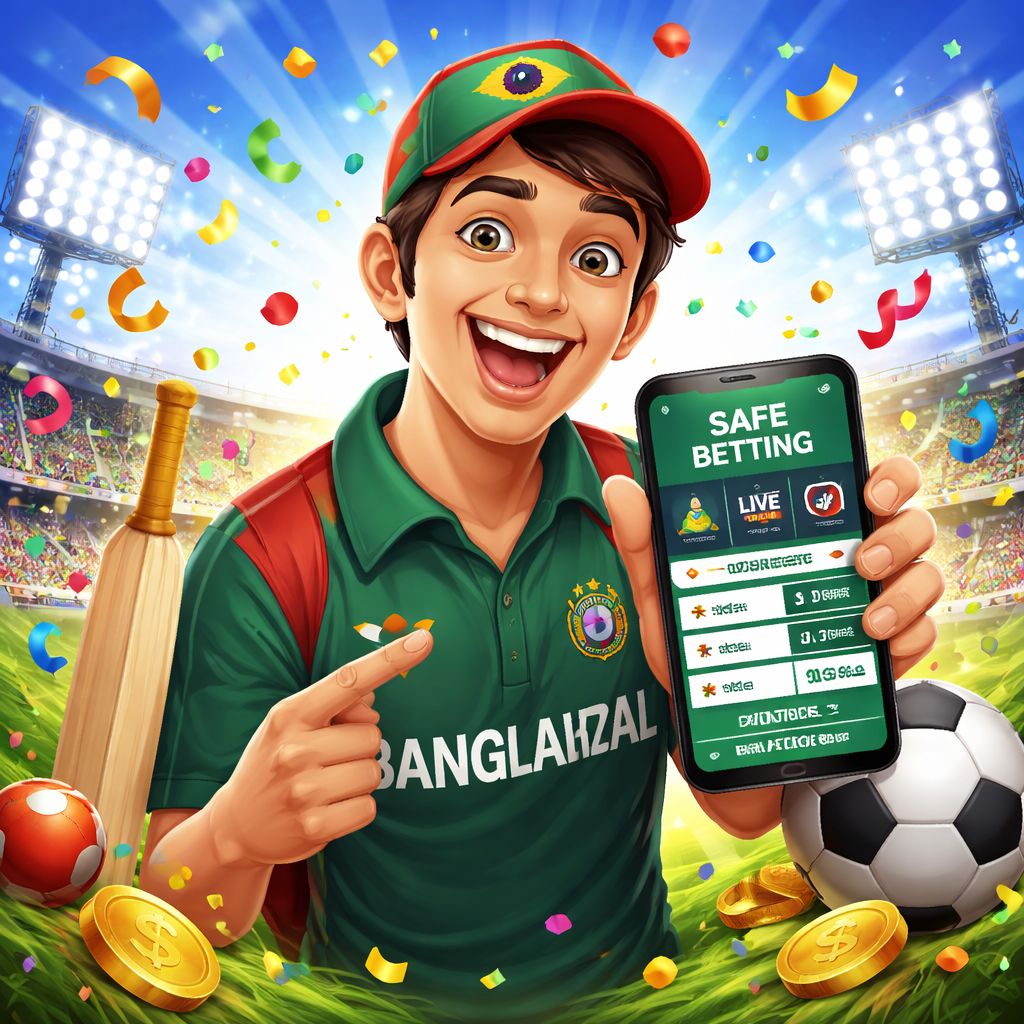 Cartoon sports fan using the 888TK Bet app with cricket and football elements