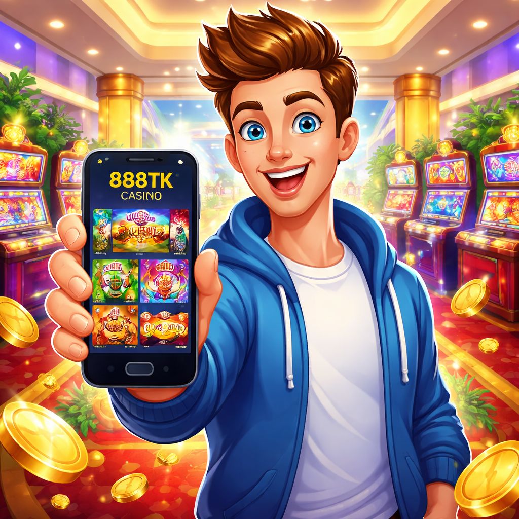 Cartoon casino player holding a phone with 888TK Casino games and coins