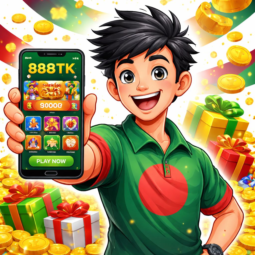 888TK cartoon gamer with smartphone, coins, rewards, and colorful app interface