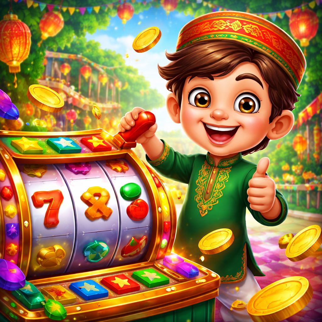 Cartoon slot player celebrating a colorful jackpot on a mobile casino screen